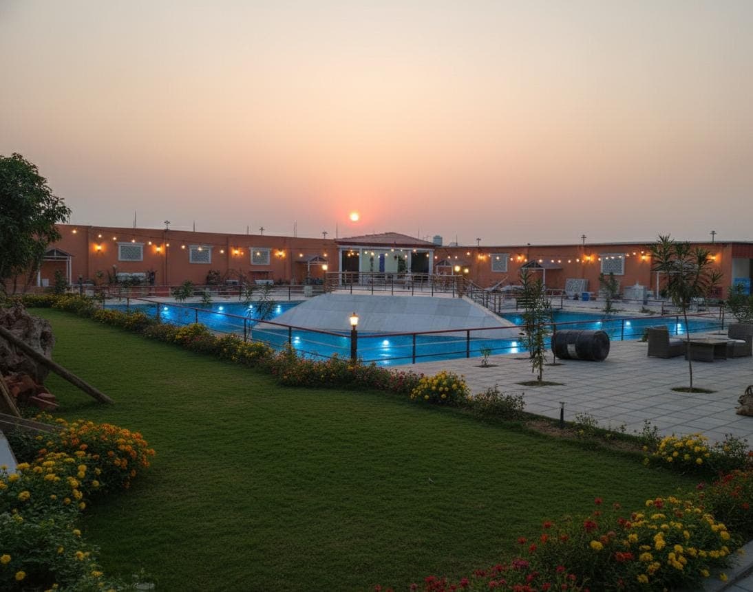 A luxury resort at sunset
